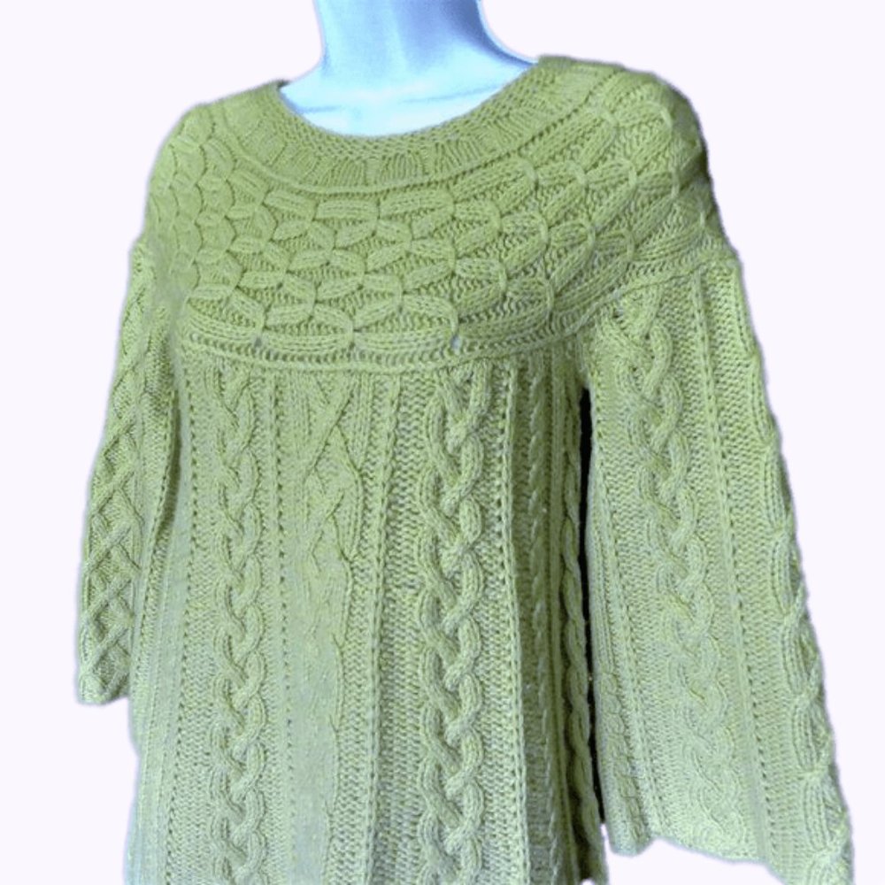 Cashmere Blend Green Sweater Cullen Boho 3D Cable Wool Bell Sleeve XS